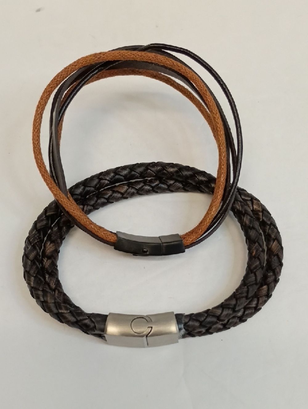 Braided Leather Bracelet Set Magnetic Clasp Multi Strand Brown Tan Layered